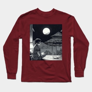 Lonely woman looking at moon on balcony Long Sleeve T-Shirt